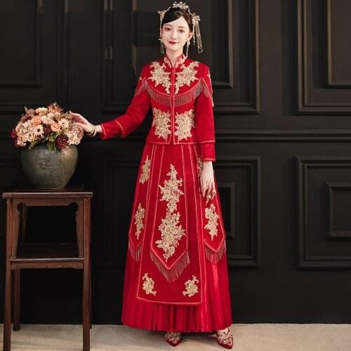 Red Embroidery Wedding Dress Chinese Bride Traditional Banquet Costume Classic Cheongsam China Qipao костюм для восточных