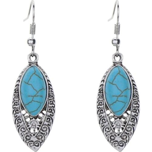 MIQIAO Silver Plated Retro Carved Turquoise Boho Vintage Turkey Indian Style Drop Stud Earrings for Women Friends Gift Jewwelry
