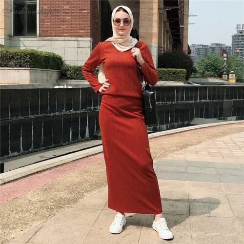 Fashion Women Two Piece Dress Set Muslim Long Sleeve Top Maxi Bodycon Skirts Turkish Abayas Dubai Kaftan Arab Autumn Suit Dress