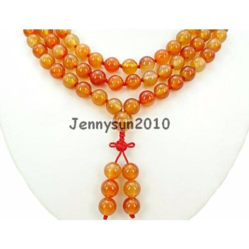 Natural Carnelian 10mm Gems Stone Buddhist 108 Beads Prayer Mala Knot Necklace Multi-Purpose 5Strands/Pack