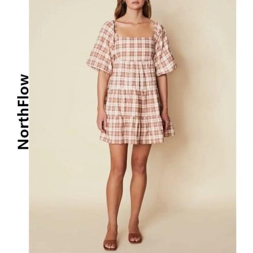 Northflow Women Dress Square Collar Bow Draped Mini Plaid A-line De Fiesta Party Dress Vestidos Robe Femme