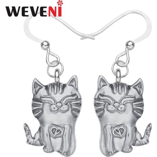 WEVENI Alloy Metal Antique Sliver Plated Anime Cat Earrings Lovely Kitten Animal Dangle Drop Jewelry For Girls Kids Gift Charms