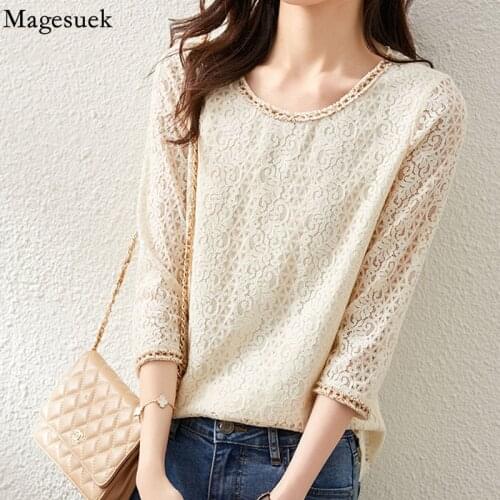 O-neck Blue Lace Blouse Three-quarter Sleeve Autumn Elegant Blouse Apricot Crochet Hollow Shirt Womens Clothing 2021 New 16704