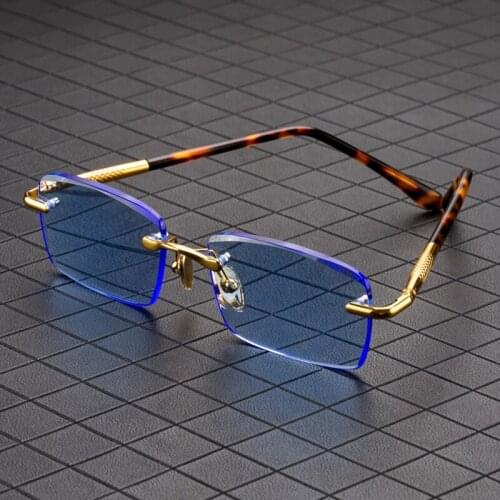 Acetate Rimless Glass Blue Sunglasses Man Luxury Natural Crystal Stone Sun Glasses Woman Vintage Brand UV400 Anti Eye Dry