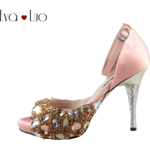 CHS685 Custom Handmade Peach Satin Crystal Bridal Wedding Shoes Dress Pumps Ankle Strap Women High Heels Shoes DHL Fast Shipping