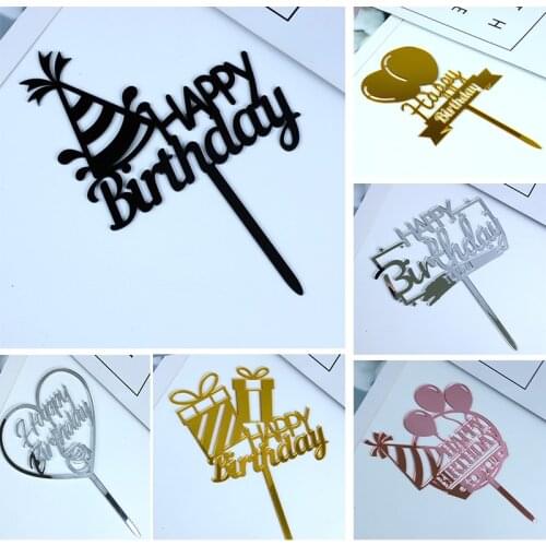 New Happy Birthday Acrylic Cake Topper Rose Gold Birthday Cap Baking Cake Topper Kids Birthday Party Cupcake Decoration Supplies