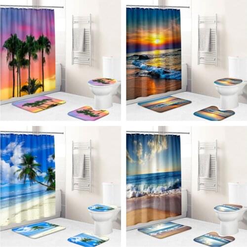 3D Scenery Hawaiian Beach Waterproof Fabric Bathroom Accessories Shower Curtain Cover Non Slip Carpet Bathroom Bath Mat