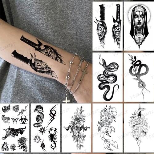 Waterproof Temporary Tattoo Sticker Prajna Knife Demon Dagger Black Tatoo Arm Leg Realistic Body Art Tatto Woman Man Child
