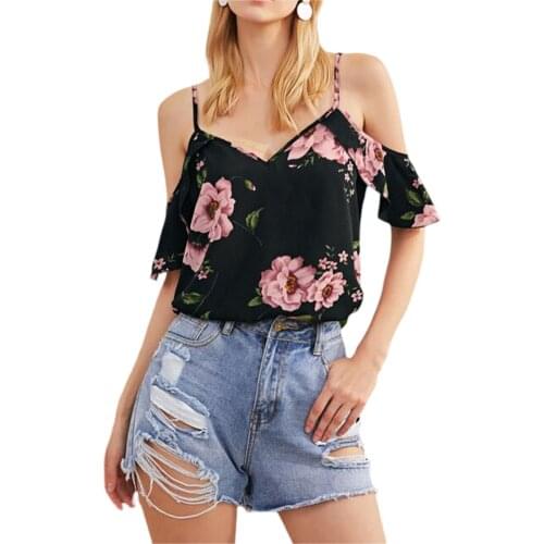 Women’s Casual Ruffles Sleeve T-shirt Summer Fashion Flower Print Off-shoulder Pullover Tops