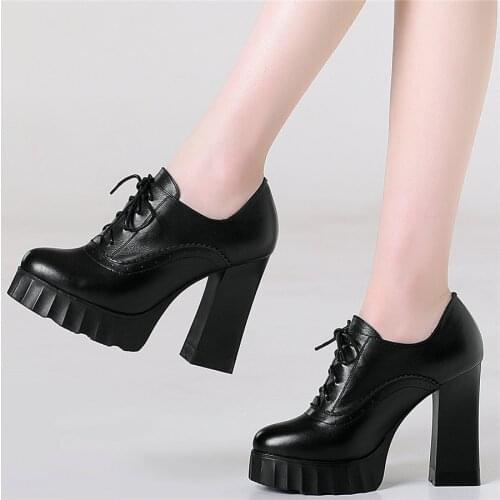 Chunky Platform Mary Jane shoes Women Lace Up Genuine Leather Cuban High Heel Pumps Shoes Female Low Top Round Toe Ankle Boots