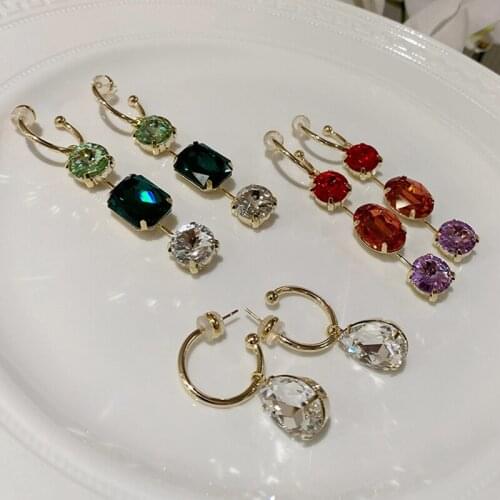 MENGJIQIAO Hot Sale Korean Fashion Colorful Square Crystal Long Drop Earrings For Women Girls Circle Hook Pendientes Jewelry