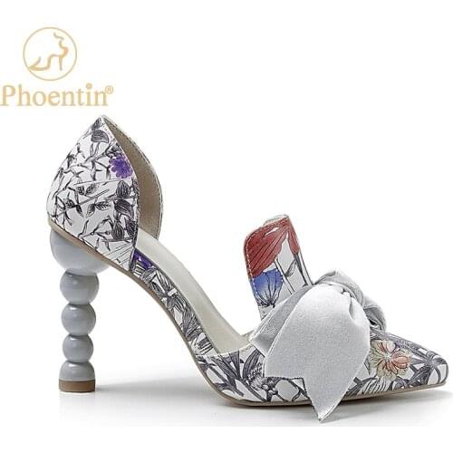 Phoentin printed evening shoes for women 2020 high shoe woman pointed toe bow pumps genuine leather sexy stiletto heels FT1009