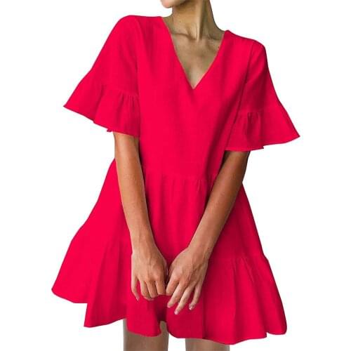 Bohemian Dresses Women’s plus size Pockets Bell Sleeve Ruffle Dresses V Neck summer big Swing Mini Dress платья женские