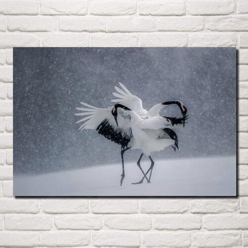 Winter snow birds dance Japan cranes animal JZK154 living room home wall modern art decor wood frame poster