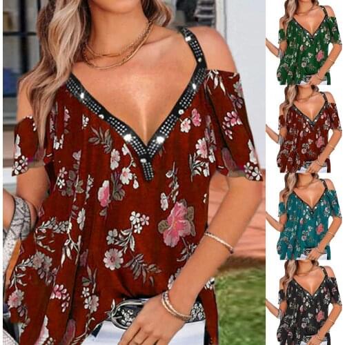 Dropshipping!!Women V-neck off-shoulder short printed T-shirt Summer casual top