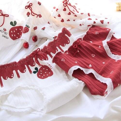 Breathable Female Underpants Strawberry Hearted Printed Lace Mid-waist Fashion Lingerie Women Soft Cotton Underwear