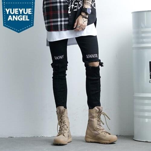 New High Street Black Hole Ripped Brand Jeans Men Letter Slim Thin Rock Pencil Pants Cowboy Streetwear Male Jeans Trousers