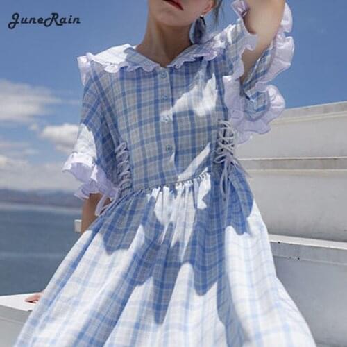 JuneRain Summer Sweet Blue Plaid Dress Women Kawaii Bow Flared Sleeve Bandage Dress Japanese Cute Sailor Collar Long Dresses