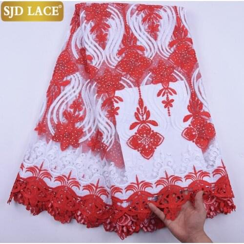 SJD LACE Red African Lace Fabric High Quality French Mesh Lace Fabric With Stones Embroidery Guipure Cord Milk Silk Laces A2079