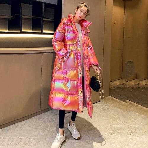 Womens Winter Jacket Long Section Dazzling Bright Surface Thickening Hooded White Duck Material Down Water Proof Cotton-Padded