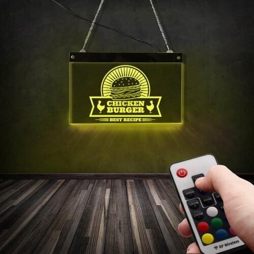 Best Recipe Chicken Burger Business Advertisement LED Neon Sign Fast Food Restaurant Hamburger Acrylic Wall Hanging Light Board