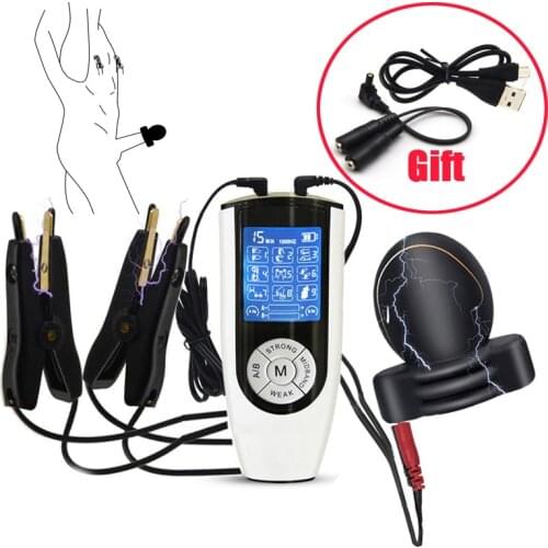 Electric Shock Glans Traine Massage Cup Cock Delay Sleeve E-Stim Nipple Clamp Clitoris Labia Clip Sex Toy For SM Couple Chastity