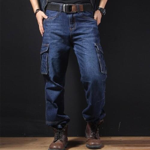 Mcikkny Men Cargo Casual Jean Trousers Multi Pockets Loose Style Motorcycle Denim Pants For Male Size 29-44 Straight