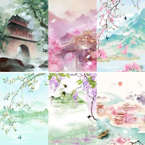 FSBCGT Chinese Ancient City Tower Peach Landscape Painting By Numbers Kits DIY Coloring By Numbers Handpainted Home Gift