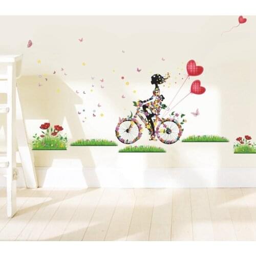 Pretty Girl Riding Bike Wall Stickers for Kids Room Decorations Love Decals Bedroom Nursery Removable Wall Art 50X70cm CP0598