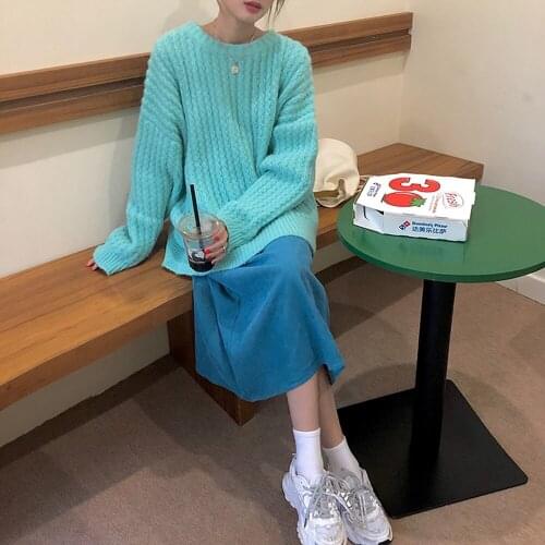 New 2021 Autumn Winter Womens Sweaters Pullover Warm Minimalist Korean Solid Elegant Wild Ladies Blue Tops