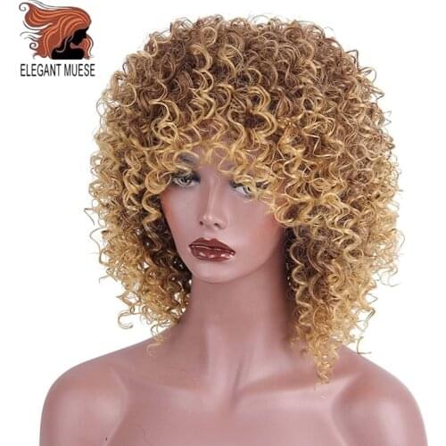 Ombre Blonde Short Afro Curly Wig With Bangs Kinky Fluffy Synthetic Hair Wigs Shoulder Length For Black Women