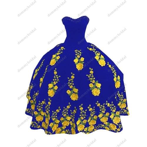 Modest Ball Gown Quinceanera Dresses Mexican Theme Yellow 3D Floral Flowers Strapless Royal Blue Velvet Crystal Sweet 15 16 XV