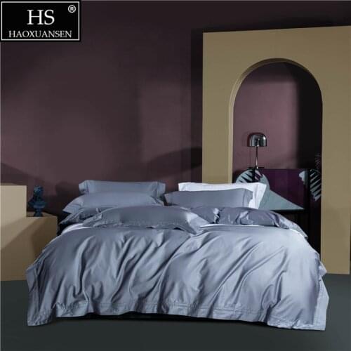 Light Blue Grey Double Row Hollow Out Wide Edge Design 4Pieces Bedding Sets Nordic Style Duvet Cover Cotton Bed Sheet Pillowcase