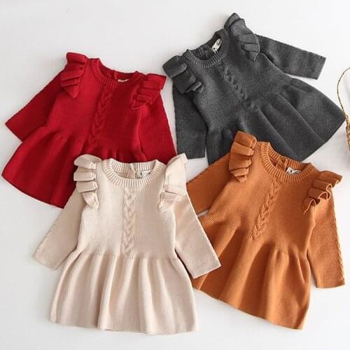 Baby Girl Knit Dress New Autumn Winter Fashion Baby Toddlers Sweater Kids Ruffled Long Sleeve Warm Sweater Infant Dress