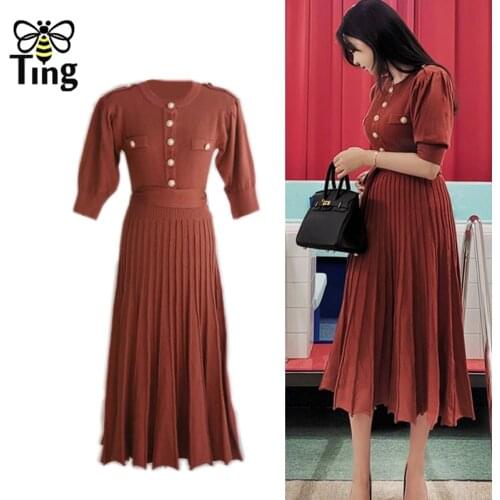 Tingfly Women Fashion Spring Autumn Knitting Button Decor Pleated Midi Dress Lady Slim Knitwear A Line Dress Traf Robes Zaful