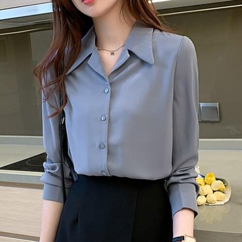 Satin Shirt Female 2020 Long-Sleeved Blusas Chiffon Casual Button Solid Tops for Women Plus Size Vintage White Ladies 0865