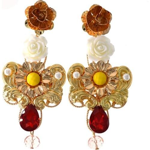 Fashion Vintage Big Water Drop Red Crystal stone Long Drop Earrings Flower women Party Wedding Hanging Earring