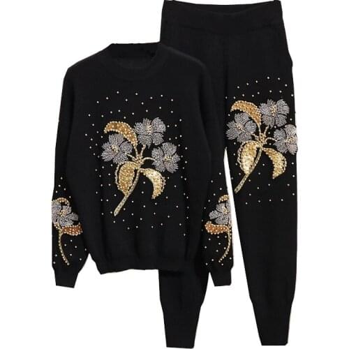 Autumn Winter 2 Piece Set Women 2020 Fashion Vintage Beaded Embroidery Flowers Knitted Sweater + Pants Tracksuit Women Set H556