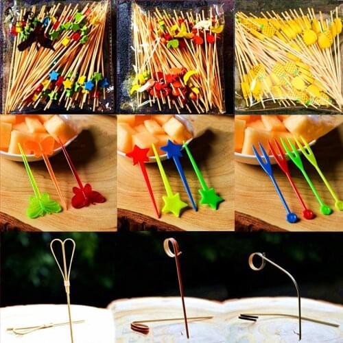 100pieces 12cm Fruit Cocktail Pick Stick Different Style Bamboo/PVC Buffet Cupcake Toppers Bar Tool