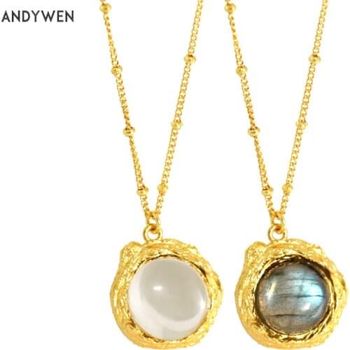 ANDYWEN New 925 Sterling Silver Gold Big Labradorite Pendant Round Clear Pendant Long Chain Necklace 2020 Rock Punk Party Jewels
