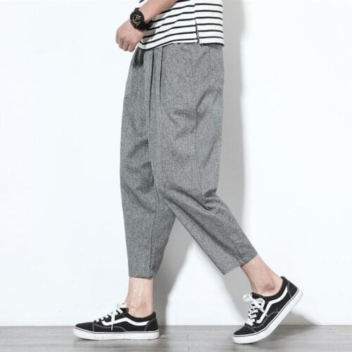 Hip Pop Harem Pants Men Joggers Summer Cotton and Linen Ankle-Length Pants Men Thin Loose Wide Leg Pants Men Kalhoty