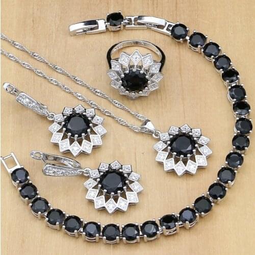 Black Stones White CZ Jewelry Sets 925 Silver Bridal Jewelry For Women Party Earrings/Pendant/Rings/Bracelet/Necklace Set