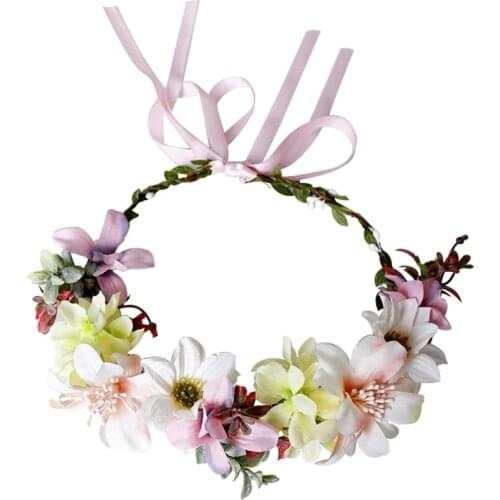 Floral Hair Wreath with Ribbon Adjustable Halo Bridal Flower Garland Wedding Festival Party Handmade Photo Props