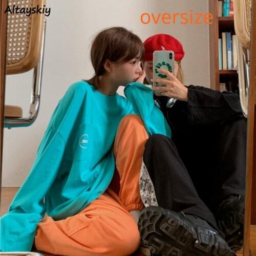 T-shirts Women Letter Long Sleeve Casual Spring Loose All-match Pocket 4 Colors Student High Street Korean Style Female Oversize