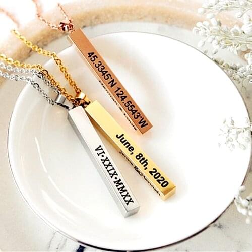 Custom 4-Sided 3D Vertical Bar Pendant Necklace,Personalized Carving Name,Date,Coordinates Of Wedding,Valentines Day Gifts