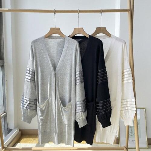 Women Sweater 2021 Fall New Silk Linen Long Sleeve Knit Pocket Casual Top V-neck Mid-length Cardigan