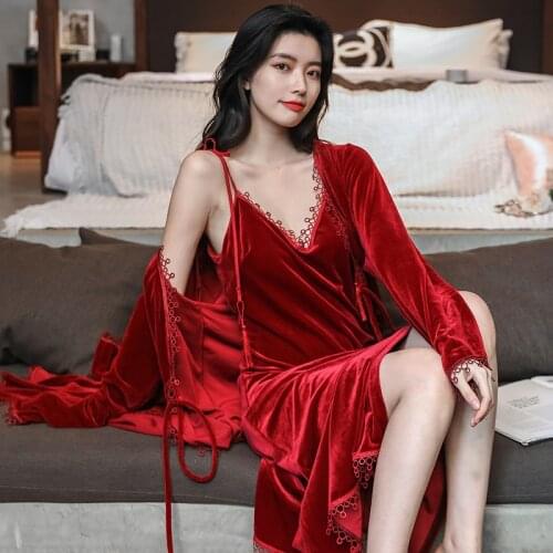 Sexy Women Long Robe Set Velour Casual 2PCS Kimono Bathrobe Gown Sleep Suit V-Neck Sleepwear Spring Home Clothes Soft Nightgown