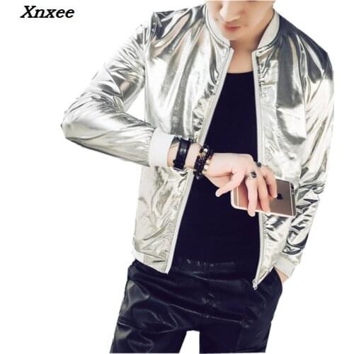 Summer Men Bomber Jacket Fashion 2018 Slim Sun Protection Clothing Golden Silver Shining Jackets Male Plus Size 5XL Stage Coats