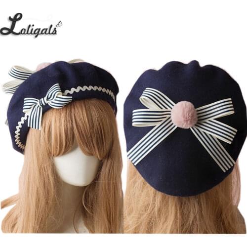 Sweet Womens Lolita Sailor Beret Gothic Wool Beret Hat with Lovely Bows for Winter