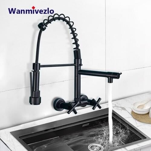 Wall Mounted Spring Kitchen Faucet Handheld Spout Hot Cold Water Kitchen Tap Matte Black Pull Down Roation Sink Mixer Tap Crane